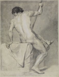 Sitzender männlicher Akt in Rückenansicht, links sich abstützend, rechts einen Stab haltend von Anton Raphael Mengs