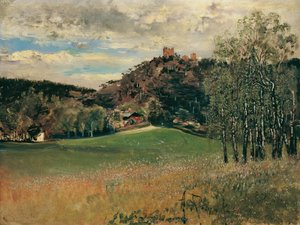 Die Meiereiwiese in der Vorderbrühl mit der Ruine Mödling von Anton Romako