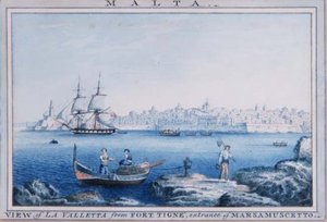 Malta: Blick auf La Valletta von Fort Tigne, Eingang von Marsamuscetto von Anton the Younger (circle) Schranz