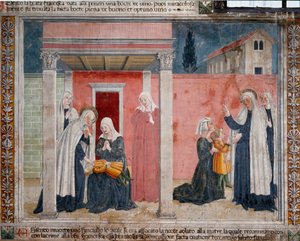 Leben der heiligen Francesca Romana (Santa Francesca Romana) (1384-1440): „Die Heilige erweckt ein ungetauftes Kind, dessen Mutter es im Schlaf versehentlich erstickt hatte“ Fresko von Antoniazzo Romano (15. Jahrhundert) 1468 Rom, Kloster der Gemeinschaft 