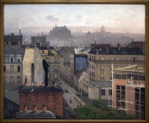 Paris von Montmartre aus gesehen. An der Wand eines der Gebäude eine Werbung für „Die kleine Zeitung“ von Antonin Chittussi