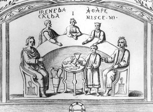 Bankettszene aus einem frühchristlichen Katakombenfresko in Rom, Illustration aus 