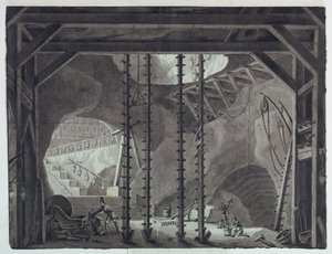Bühnenbild, Männer bauen Gebäude in einer Höhle