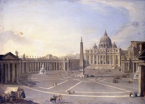 Ansicht von St. Peter, Rom mit Berninis Kolonnade und einer Prozession in Kutschen
