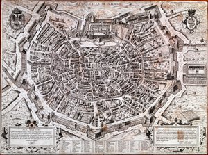 Stadtplan von Mailand, herausgegeben von Antonio Lafreri (1512-1577) im Jahr 1573. Dies ist der älteste Stadtplan von Mailand von Antonio Lafreri
