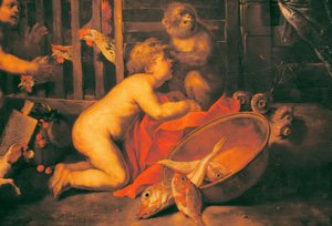 Putti, Affe und Schüssel mit Fischen von Antonio Maria Vassallo