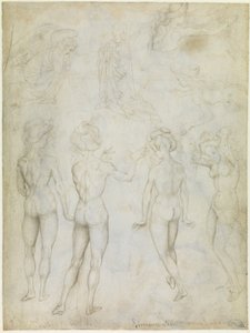Vier Studien eines weiblichen Aktes, eine Verkündigung und zwei Studien einer schwimmenden Frau, um 1425 von Antonio Pisanello