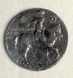 Medaille von Ludovico III Gonzaga (1414-1478), Markgraf von Mantua. Vorderseite: der Markgraf bewaffnet zu Pferd, Bronze, schwarze Patina