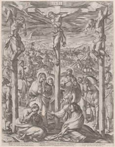 Christus gekreuzigt zwischen den beiden Dieben, die drei Marien am Fuße des Kreuzes von Antonio Tempesta