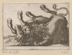 Ein Löwe beißt in den Hals eines Pferdes von Antonio Tempesta