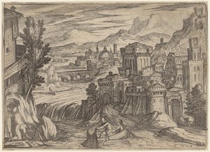 Flusslandschaft mit einer Stadt rechts und einem Fischerboot im Vordergrund von Antonio Tempesta