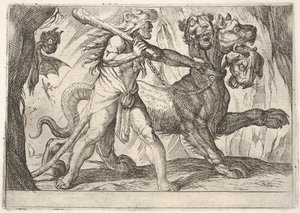 Herkules und Cerberus: Herkules ergreift das Halsband von Cerberus, zwei Dämonen erscheinen links von Antonio Tempesta