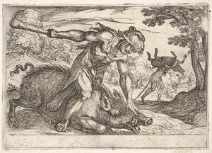 Herkules und der Erymanthische Eber: Herkules hält die Schnauze des Ebers mit seiner linken Hand nieder (1608)