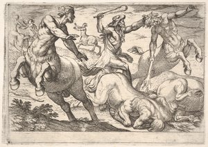 Herkules und die Kentauren: Herkules hält den Kopf eines Kentauren mit seiner linken Hand und erhebt..., 1608 von Antonio Tempesta