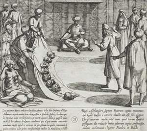 In der Gegenwart von Almanzor identifiziert Gonzalo Gustos die abgetrennten Köpfe seiner Söhne von Antonio Tempesta