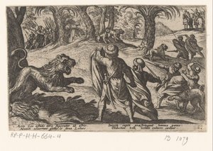 Löwenjagd (Serie: Verschiedene Jagd- und Kampfszenen, Venationes Ferarum, Avium, Piscium Pugnae bestiariorum: et mutuae bestiarum) von Antonio Tempesta