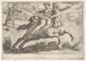 Nessus versucht, Dejanira von Herkules zu nehmen: Nessus hält Dejanira auf seinem Rücken ..., 1608