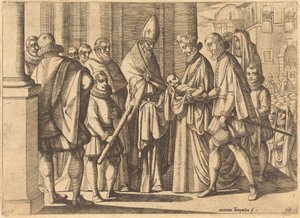 Philipp als Junge vor Margarete von Österreich