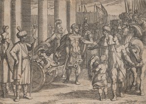 Tafel 2: Alexander durchtrennt den Gordischen Knoten, aus Die Taten Alexanders des Großen, 1608 von Antonio Tempesta