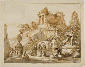 Klassische Landschaft mit Ruinentempel auf Hügel, weibliche Figuren darunter