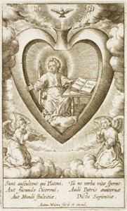 Das Jesuskind sitzt im heiligen Herzen mit einem offenen Buch