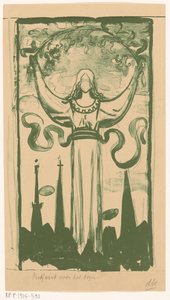 Frauenfigur, die einen Zweig mit Blumen über ihrem Kopf hält von Antoon Derkinderen (signed by artist)