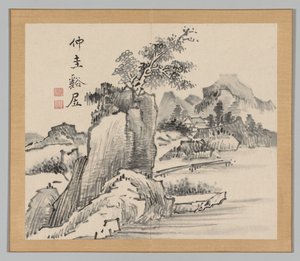 Doppelalbum von Landschaftsstudien nach Ikeno Taiga, Band 2 Blatt 14, 18. Jahrhundert von Aoki Shukuya