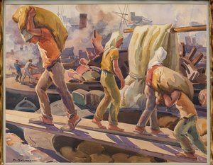 Arbeiter im Hafen von Genua von Arcangelo Salvarani
