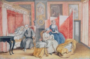 Joseph II. (1741-90) am Bett seiner Frau Isabella von Parma nach der Geburt ihrer Tochter Maria Theresia, 1762