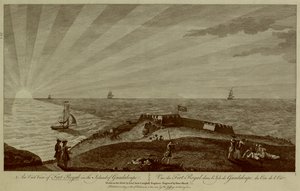 Eine Gruppe von Soldaten ruht sich auf einem Hügel im Vordergrund aus, mit Fort Royal dahinter, Segelschiffen und dem Sonnenuntergang im Meer im Hintergrund von Archibald (after) Campbell