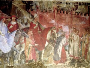 Die Geschichte von Papst Alexander III.: Der Einzug des Papstes und Kaiser Friedrich Barbarossa in Rom, 1407 (Detail) von Aretino Luca Spinello or Spinelli