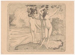 Zwei badende Frauen unter einem Baum am Wasser von Aristide Maillol