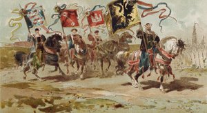 Reiter mit Bannern der Hanse und einiger ihrer Mitgliedsstädte, Spanische Niederlande, 16. Jahrhundert von Armand Jean Heins