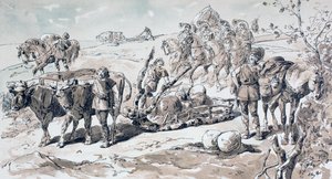 Ochsen ziehen einen primitiven Schlitten beladen mit Steinen, 1886