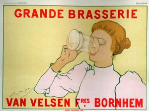Essen und Trinken. Große Brauerei Van Velsen, Belgien. Plakat von Armand Rassenfosse, Belgien, ca. 1890 (Plakat) von Armand Rassenfosse