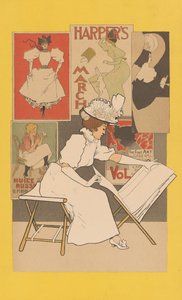 Sitzende Frau an einem Stand, die Drucke betrachtet, 1897