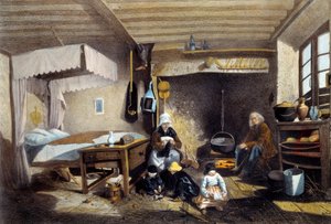 Bauerninterieur bei Royat in der Auvergne. Die Mutter näht, der Vater sitzt am großen Kamin, während die Kinder spielen. Lithographie von Armand Théophile Cassagne (1823-1907) 19. Jahrhundert. Musée National des Arts et Traditions Populaire, Paris von Armand Theophile Cassagne