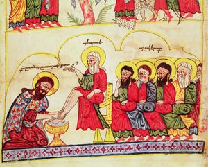 Ms 404 fol.7v Christus wäscht die Füße der Jünger, 12.-13. Jahrhundert