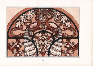 Halbkreisförmiges Ornamentdesign mit Pfauenpaar und Schmetterling von Arnold Lyongrün