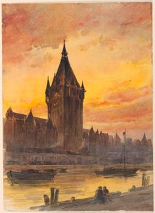 Sonnenuntergang über Turm und Fluss