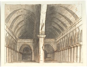 Innenraum des Erdgeschosses einer Kirche (?) mit Säulen und Gewölben