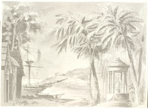 Tropische Küstenlandschaft mit Palmen, Schiff und kleinem Tempel (Buddha?) von Aron Wallick