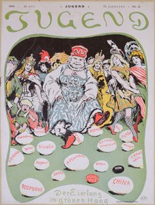Eiertanz, Karikatur zur Ersten Haager Friedenskonferenz, aus der deutschen Zeitschrift Jugend, 29. Juli 1899