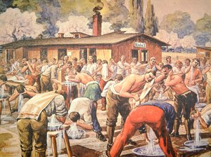 Alliierte Kriegsgefangene bei ihren Waschungen im deutschen Gefangenenlager in Geissen