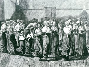 Shakers bei einem Treffen: der religiöse Tanz, Illustration aus The Graphic, veröffentlicht am 14. Mai 1870