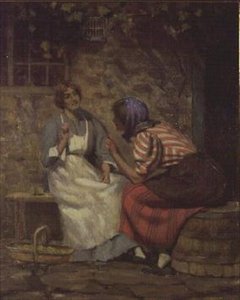 Skandal, zwei Mädchen tratschen vor einem Cottage von Arthur Claude Cooke