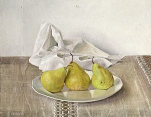 Drei Birnen auf einem Teller, Stillleben, 1990 von Arthur Easton
