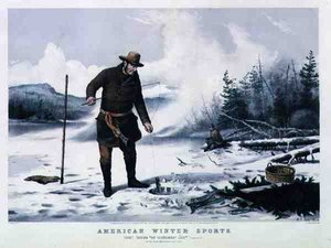 Amerikanische Wintersportarten: Forellenfischen am Chateaugay-See, veröffentlicht von Currier & Ives von Arthur Fitzwilliam (after) Tait