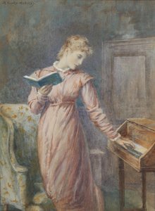 Eine Dame liest beim Spielen des Spinett