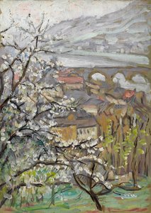 Blick über einen Obstgarten über eine Brücke und eine Mündung von Arthur Haythorne Studd
